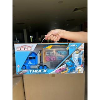 Đồ chơi xe container biến thành đường đua và bãi đậu xe, kèm 4 xe sắt mini và biển báo giao thông -Z9