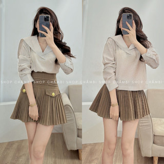 [XẢ HÀNG] Áo sơ mi nữ dài tay A.582, Áo sơ mi cổ thủy thủ dài tay dáng lửng kẻ sọc phong cách dễ thương - Shop Chấm Bi