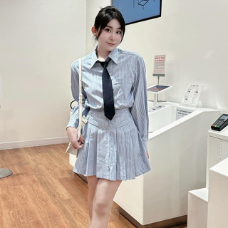Set đồ nữ - set váy sơ mi thô cổ đức túi ngực chân xếp ly kèm cà vạt 2 màu cá tính