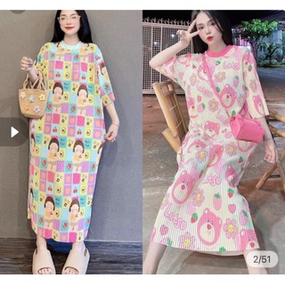 Đầm suông nữ xếp ly chất thun Thái mát, họa tiết hoạt hình dễ thương, form rộng thoải mái