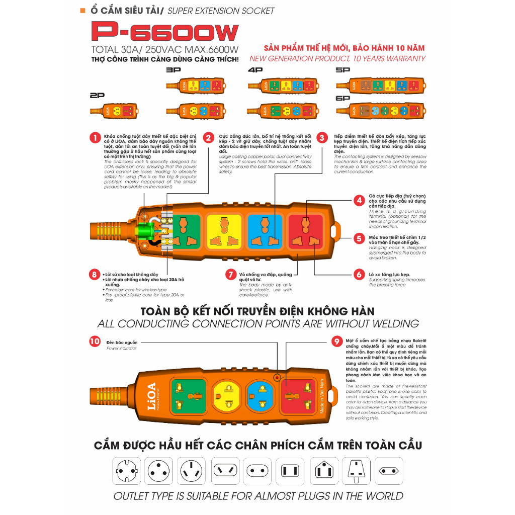 Ổ Cắm Điện Kéo Dài Siêu Tải LiOA -Kiểu Kết Hợp Ổ Cắm 3 Chân với Ổ Cắm Đa Năng -LiOA. Dây Dài 3M. Max 6600W. 2ổ 3ổ 4ổ  6ổ