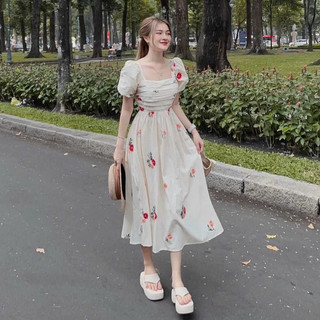 đầm nữ dáng dài tay ngắn cổ vuông sang chảnh dễ thương phù hợp đi chơi đi tiệc