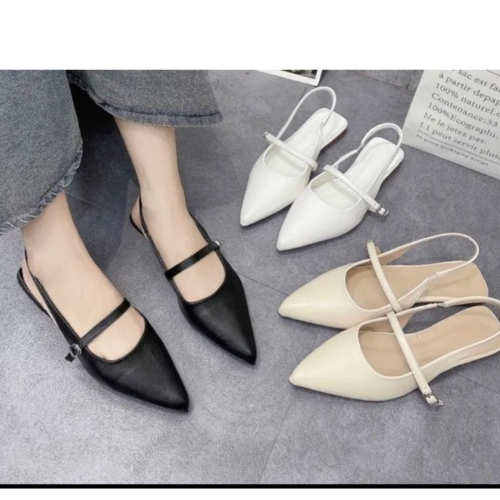 Giày nữ, sandal mũi nhọn quai ngang trơn đế bệt chất da mềm