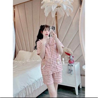 Bộ ngủ caro cổ bèo chất đũi hàn, áo cộc tay quần đùi