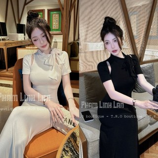 Váy body dáng dài khoét vai cổ nơ lệch metwo.dearu - đầm maxi thiết kế hở vai qc buộc nơ co dãn cao cấp