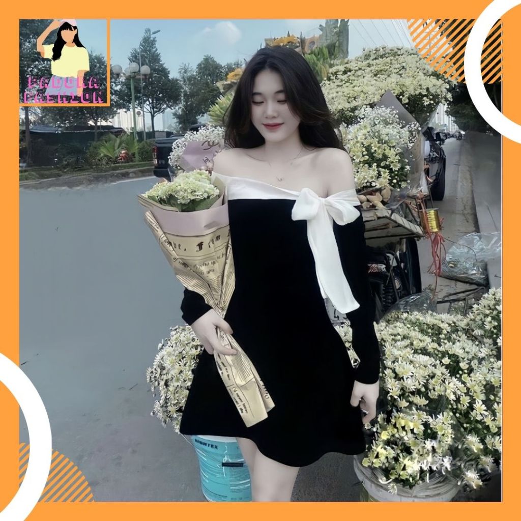 đầm nhung trễ vai thắt nơ buộc lệch tiểu thư váy nhung Padora V141