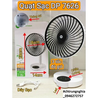 QUẠT SẠC CAO CẤP CẢM ỨNG DP 7626 CÓ ĐÈN LED CAO 31 CM PIN RỜI 4000MAH - 3 TỐC ĐỘ GIÓ