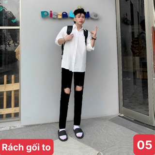Quần jean nam rách gối to màu đen trơn chất bò cao cấp co dãn 4 chiều đẹp form dáng skinny boy phố ado HAVADOSHOP C5 mới