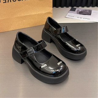 Giày búp bê nữ miu miu đế cao 5cm, lolita nữ quai ngang dán chữ min, giày đốc da bóng miu mũi tròn hàng fullbox