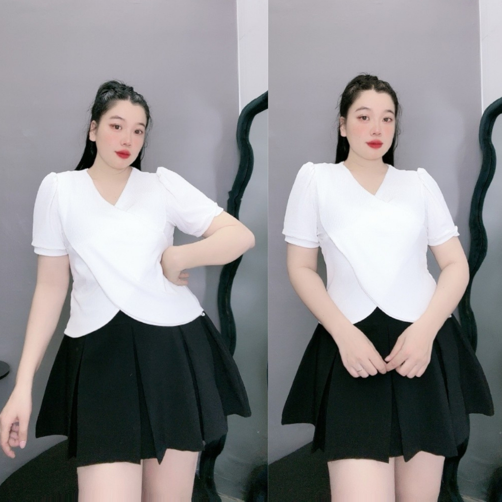 Áo thun bigsize nữ cổ V tay ngắn thiết kế đắp chéo kiểu dễ mặc chất gân tăm thoáng mát 60-95kg G36 | BigBuy360 - bigbuy360.vn