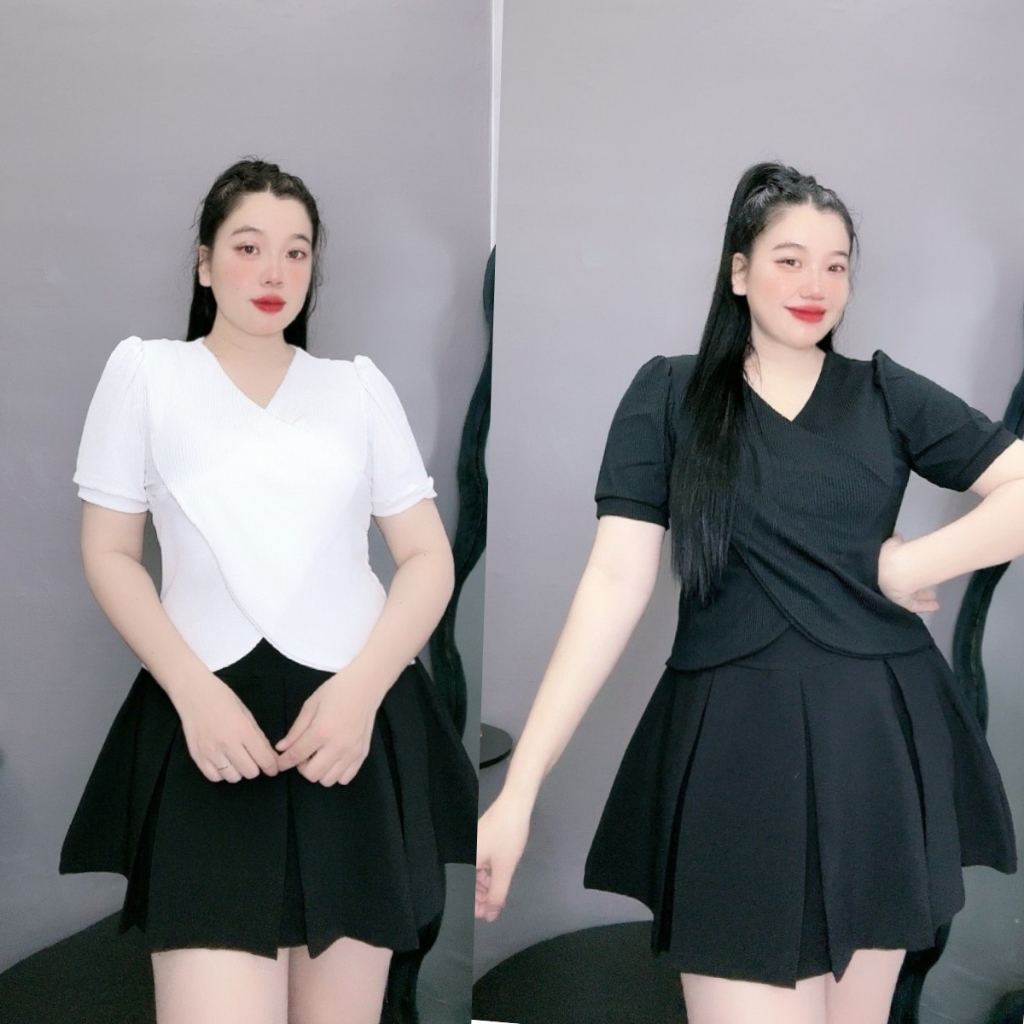 Áo thun bigsize nữ cổ V tay ngắn thiết kế đắp chéo kiểu dễ mặc chất gân tăm thoáng mát 60-95kg G36 | BigBuy360 - bigbuy360.vn