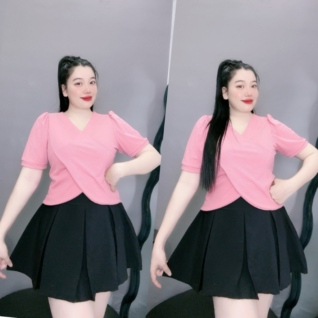 Áo thun bigsize nữ cổ V tay ngắn thiết kế đắp chéo kiểu dễ mặc chất gân tăm thoáng mát 60-95kg G36 | BigBuy360 - bigbuy360.vn