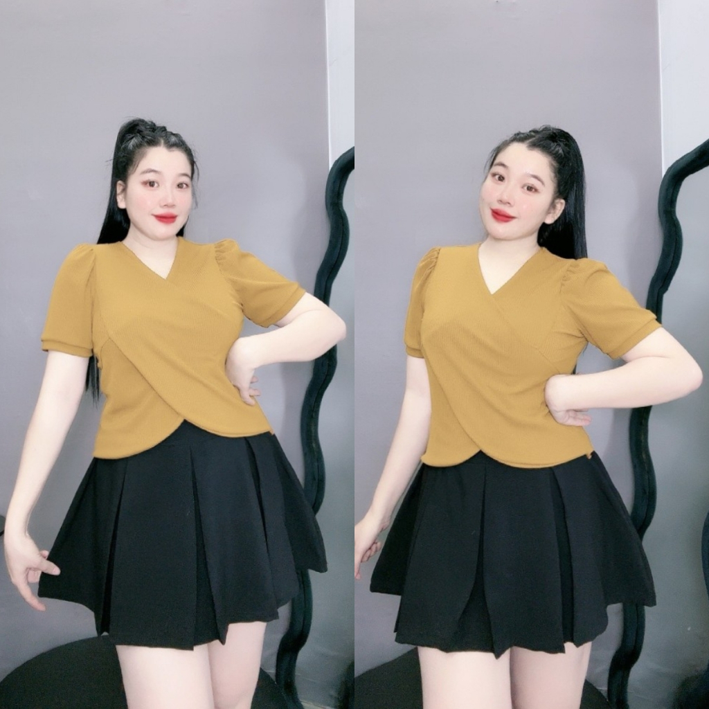 Áo thun bigsize nữ cổ V tay ngắn thiết kế đắp chéo kiểu dễ mặc chất gân tăm thoáng mát 60-95kg G36 | BigBuy360 - bigbuy360.vn