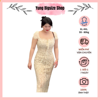 Đầm bigsize dự tiệc, đầm ren bigsize thiết kế cổ vuông kiểu pháp 55-90kg Yung bigsize