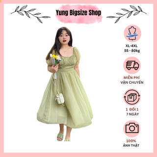 Đầm váy nữ Bigsize tiểu thư dáng xòe tơ xanh 55-90kg Yung bigsize