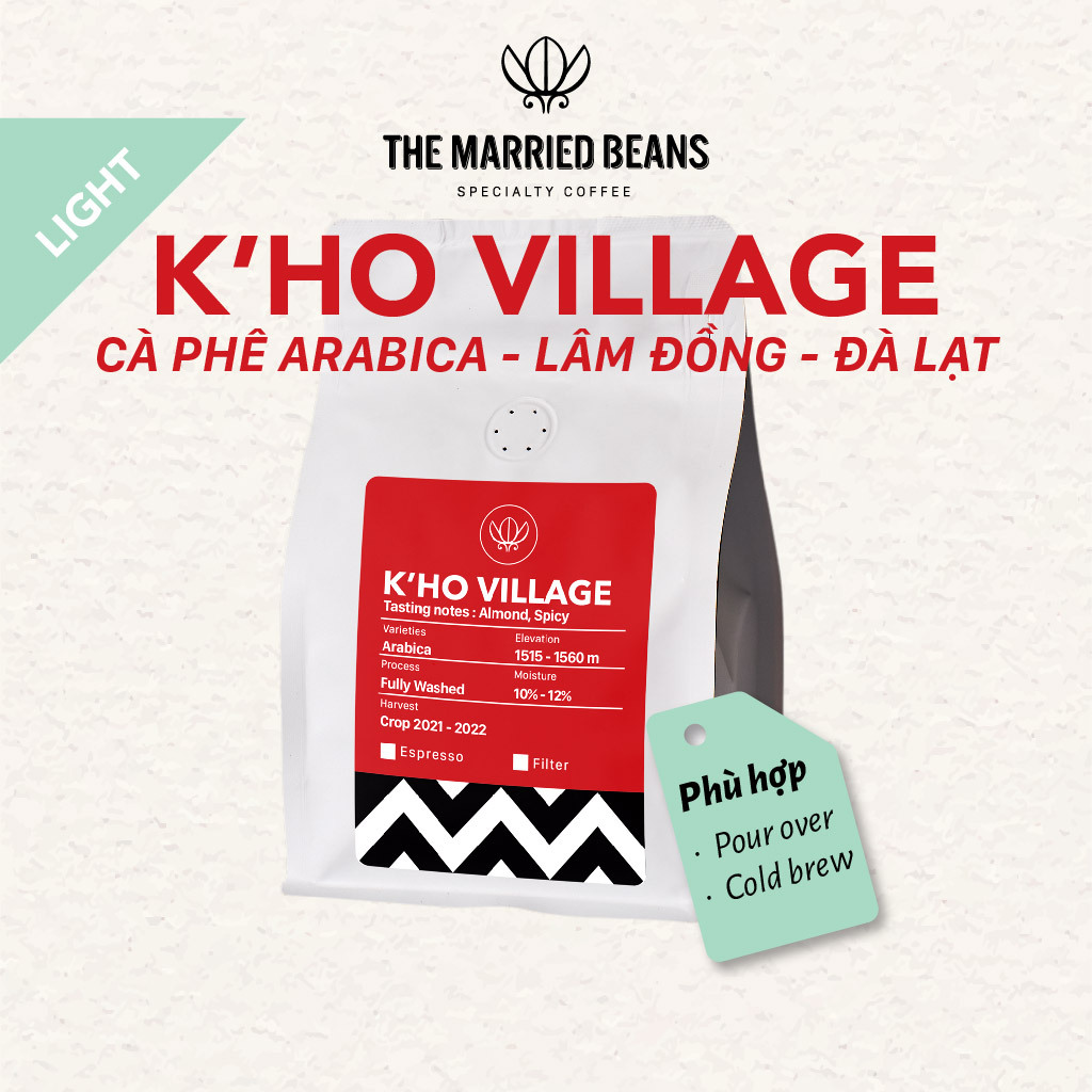 Cà phê đặc sản rang mộc Arabica 100% K'Ho Village, rang nhạt (pour over, cold brew) THE MARRIED BEANS (Túi 250gr)