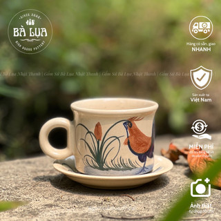 Tách cà phê 220ml có quai, dĩa lót 12cm, hàng thủ công vẽ kỹ con gà xưa gốm Lái Thiêu cao cấp hàng loại 1