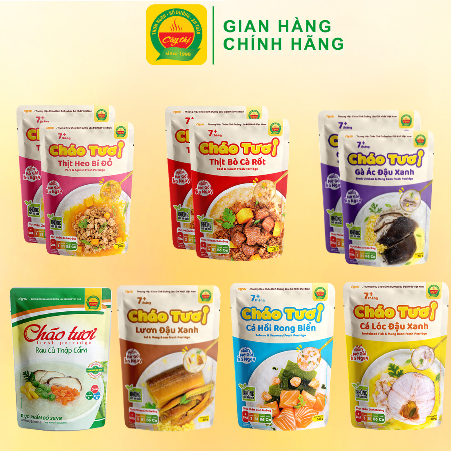 Combo 10 Gói Cháo Tươi Cây Thị: 2 Gà Ác Đậu Xanh, 2 Thịt Bò, 2 Thịt Heo, 1 Cá Hồi, 1 Cá Lóc, 1 Lươn Đậu Xanh, 1 Rau Củ