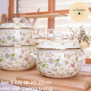 Nồi Tráng Men Bếp Từ Phong Cách Vintage Đồng Quê Mẫu Mới Bộ 3 Nồi Nodahoro