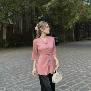 Sét bộ bà ba cổ tàu tay lỡ nút mây buộc nơ xinh xắn