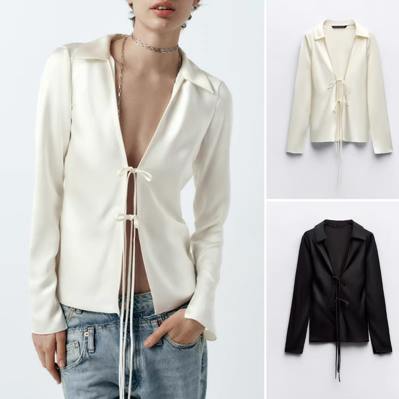 áo Zara made in Morocco đủ tag dơ mi lụa trơn buộc dây sexy