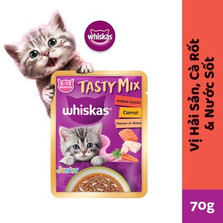  WHISKAS TASTY MIX Thức Ăn Cho Mèo Con Dạng Sốt Vị Hải Sản, Cà Rốt & Nước Sốt, 70g