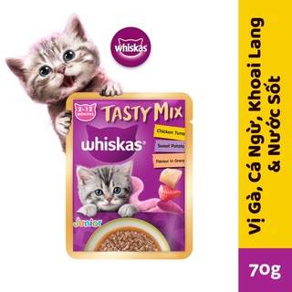  WHISKAS TASTY MIX Thức Ăn Cho Mèo Con Dạng Sốt Vị Gà, Cá Ngừ, Khoai Lang & Nước Sốt, 70g