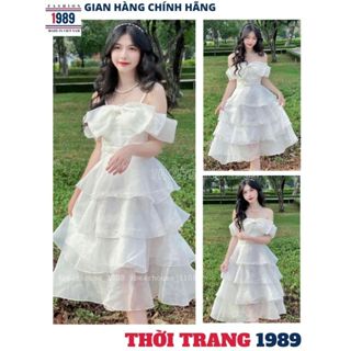  Váy Trễ Vai Công Chúa Xếp Tầng Màu Trắng Thướt Tha Đầm Dự Tiệc Nữ Phối Nơ Ngực Đá Bánh Bèo Cực Xinh - 1989 