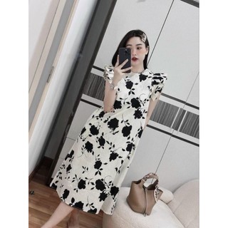 Đầm lụa hoa đen dáng suông cổ tròn tay cánh tiên chất đẹp fom sang trọng quý phái