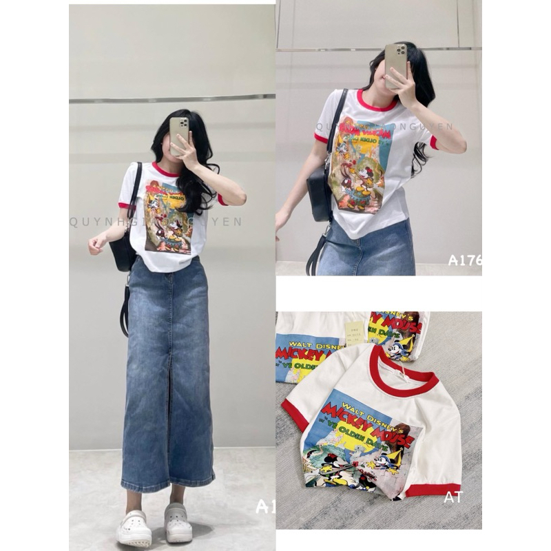 (Order) Áo phông thun viền đỏ mickey mouse QC(Hình thật trải sàn)