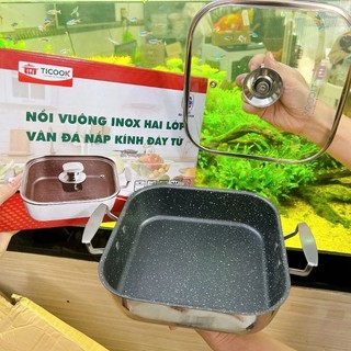  NỒI VUÔNG INOX 2 ĐÁY VÂN ĐÁ CHỐNG DÍNH TICOOK - CHẢO VUÔNG VÂN ĐÁ CHỐNG DÍNH ĐÁY TỪ 