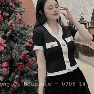 Áo len mongtoghi , Áo len nữ khuy đồng cổ V phối viền