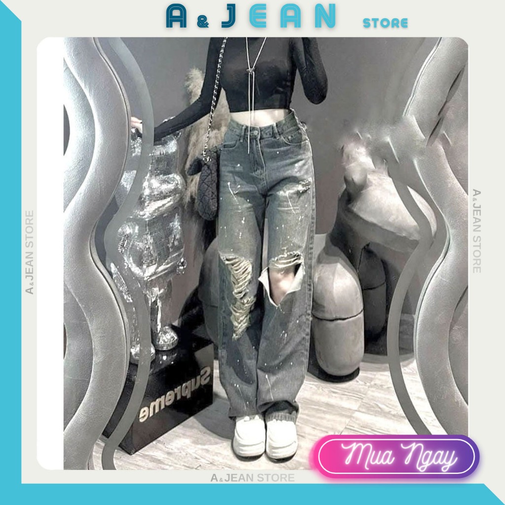 Quần jean ống suông rách gối vảy sơn | A&JEAN STORE