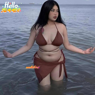 Bikini đi biển set 3 món kèm khăn cột Nâu Tây