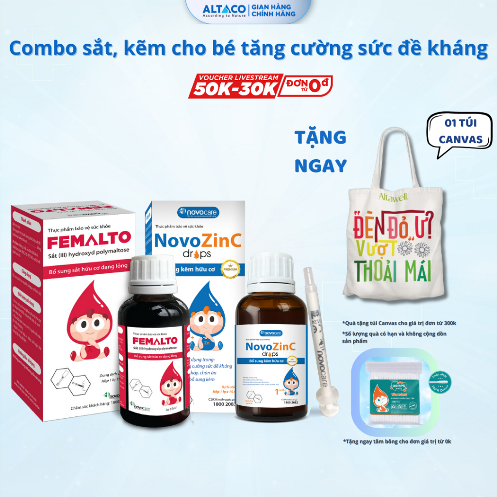 Combo sắt kẽm hữu cơ Femalto Novozinc cho bé ăn ngon, tư duy logic, tăng đề kháng (Femalto 30ml)