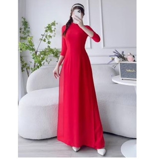 Áo dài Chifong 4 tà màu đỏ tươi tay dài và tay lỡ.