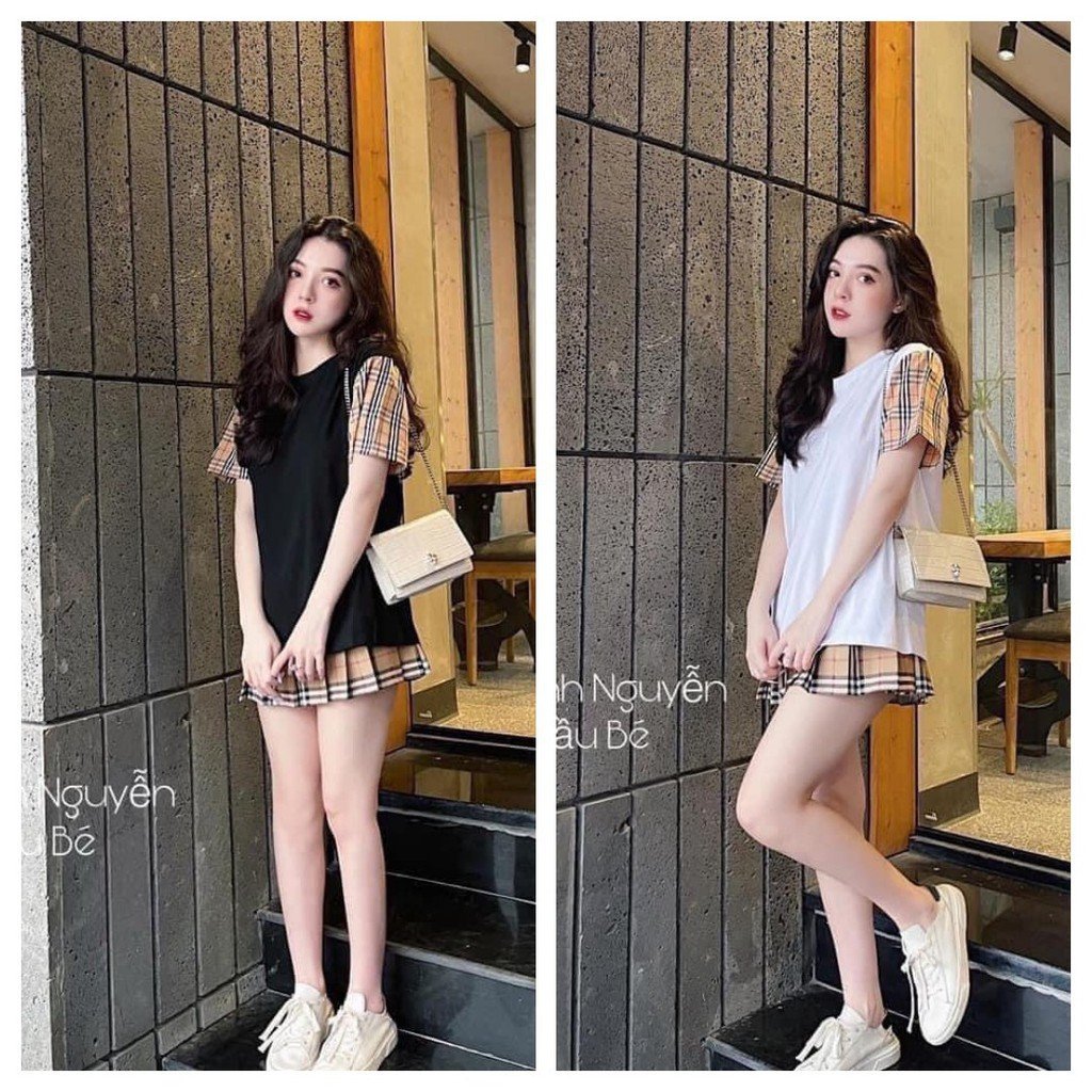 Sét Bộ áo phông tay kẻ bbr+ kèm chân váy xòe