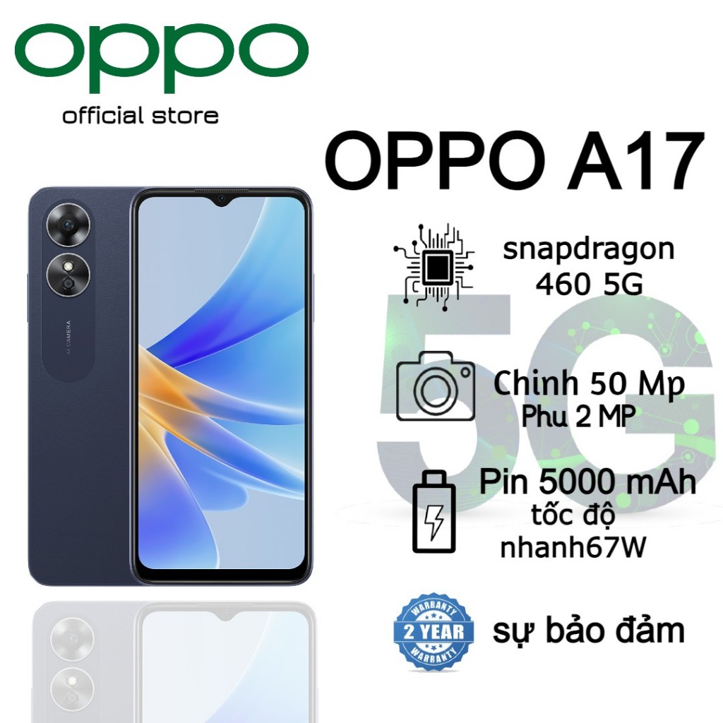 Điện thoại thông minh OPPO A17 | RAM 4GB + ROM 64GB | Bộ nhớ có thể mở rộng lên tới 4GB | Máy ảnh trí tuệ nhân tạo 50MP