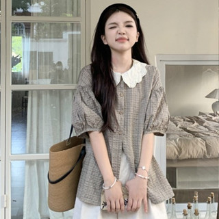 Áo sơ mi nữ cổ viền búp bê dễ thương, Sơ mi nữ kẻ sọc tay lỡ cổ ren vintage phong cách Hàn Quốc 5747