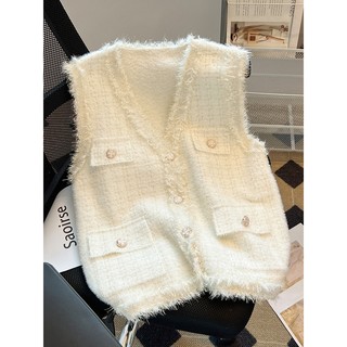 Áo vest nữ cổ chữ V lông viền tua rua mùa xuân thu trẻ trung mềm mại, áo gile nữ basic lông sáp mềm mại 2019