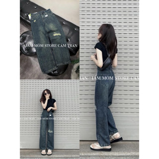 Quần Bò Jeans Nữ Ống Rộng Dáng Suông Cạp Cao Màu Xanh Retro Mài Rách 1 Bên Mix Túi Sau Dáng Cực Đỉnh