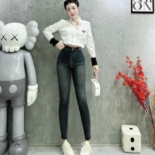 Quần jean nữ phom ôm lưng cao dài 96cm không túi may mạc kiểu lai quấn AH719