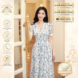 Đầm hoa công sở, dạo phố OLIVIA STORE chất tơ vân gấm in hoa có thêu nổi