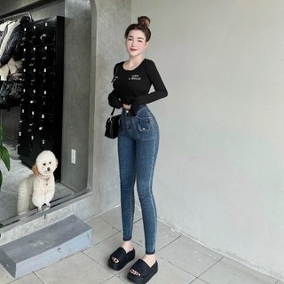 Quần Jean nữ phom ôm lưng cao chất co dãn dài 95cm màu bụi túi kiểu nút AH729