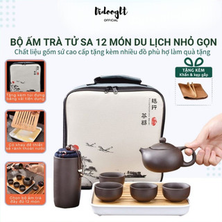 Bộ ấm chén uống trà tử sa 6 chén 12 món - bộ ấm chén trà đạo sứ thanh kèm túi đựng xách tay - didooglt