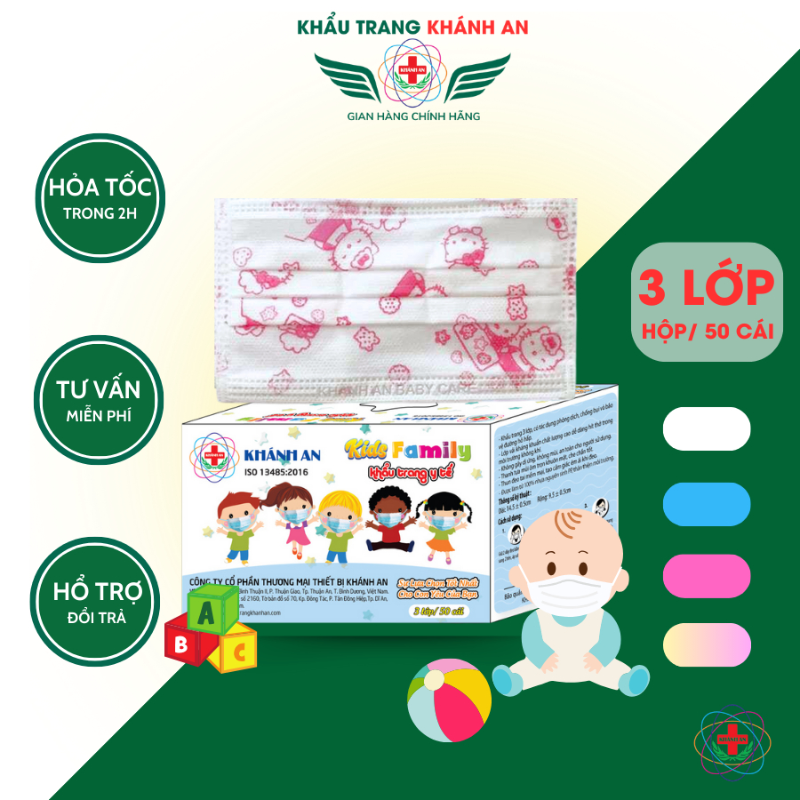 Khẩu trang y tế cho bé trẻ em Khánh An hộp 50 cái khẩu trang cao cấp 3 lớp kháng khuẩn ngăn khói bụi và khí độc KAKTYTC