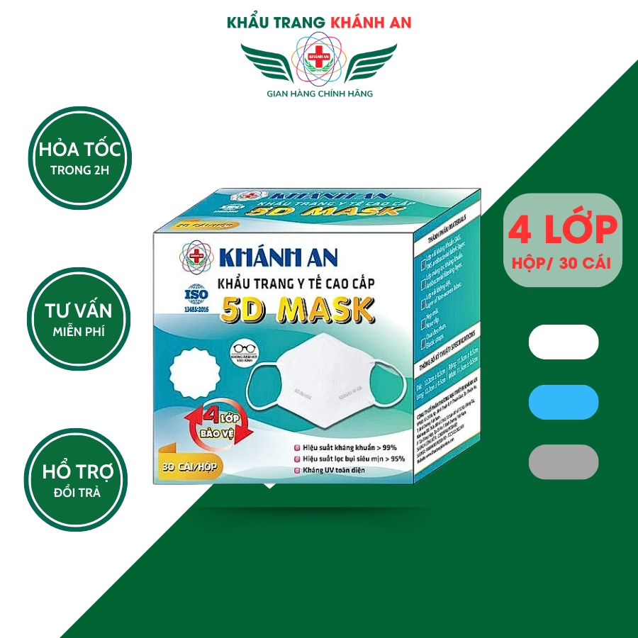 Khẩu trang 5D MASK 4 lớp Khánh An dày dặn cao cấp hộp 30 cái người lớn kháng khuẩn và ngăn bụi mịn KA5DO