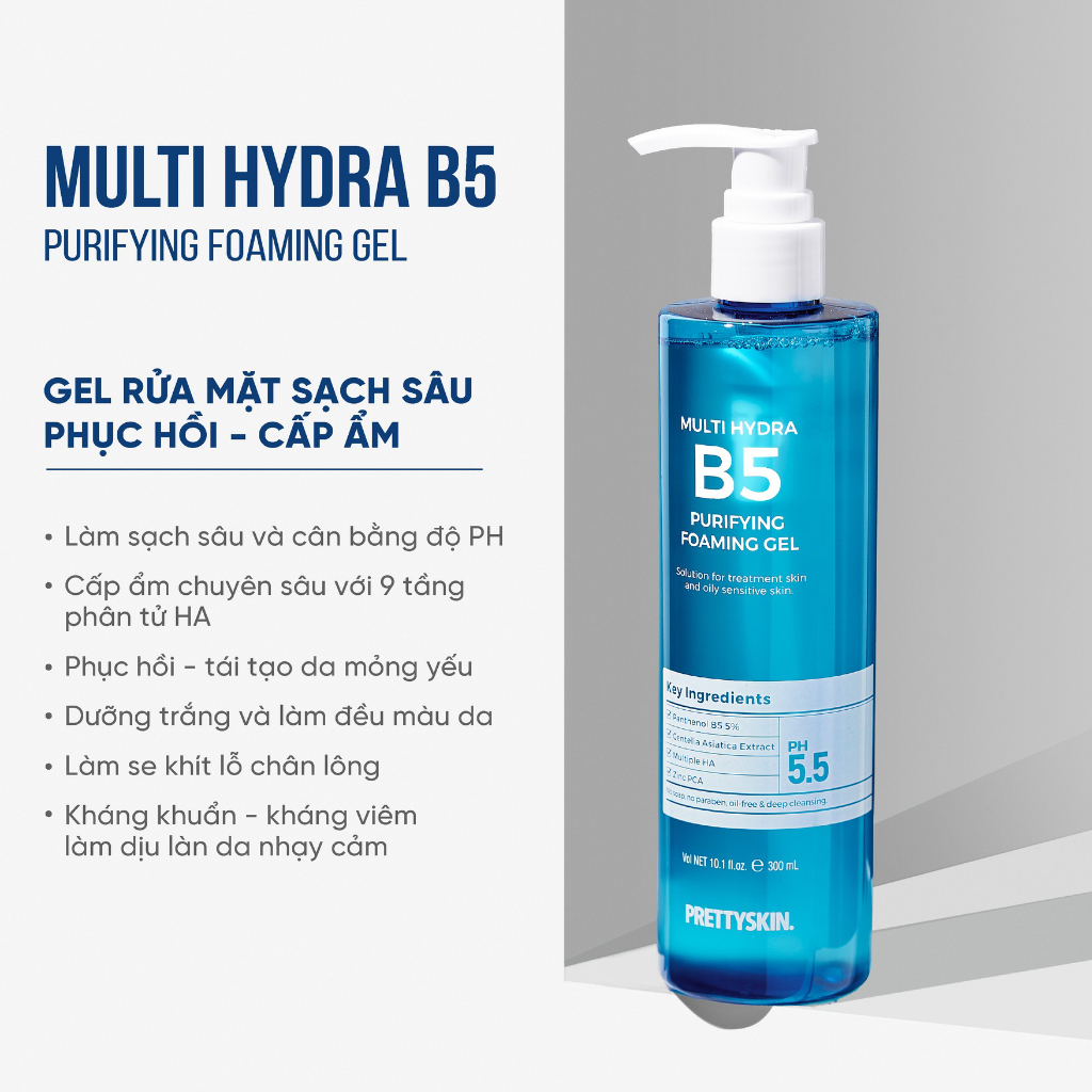 Gel rửa mặt B5 Pretty Skin Multi Hydra B5 Purifying Foaming Gel làm sạch, dưỡng da 300mL