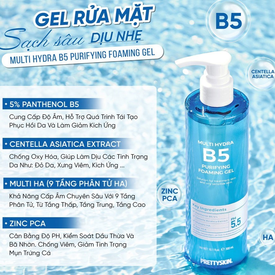 Gel rửa mặt B5 Pretty Skin Multi Hydra B5 Purifying Foaming Gel làm sạch bụi bẩn 300mL