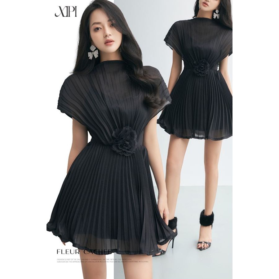 Đầm Voan Dập Ly Đính Hoa Màu Trắng/ Đen - XIPI